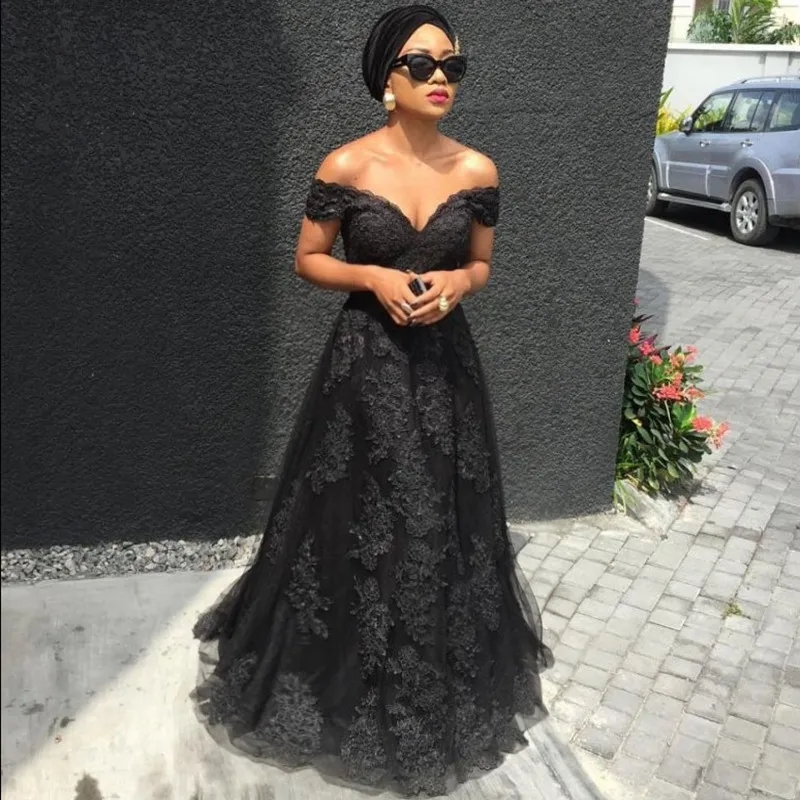 

Vestido De Formatura Sexy Black Prom Gown Off The Shoulder Appliques Tulle A-Line Long Formal Dresses for Wedding Party