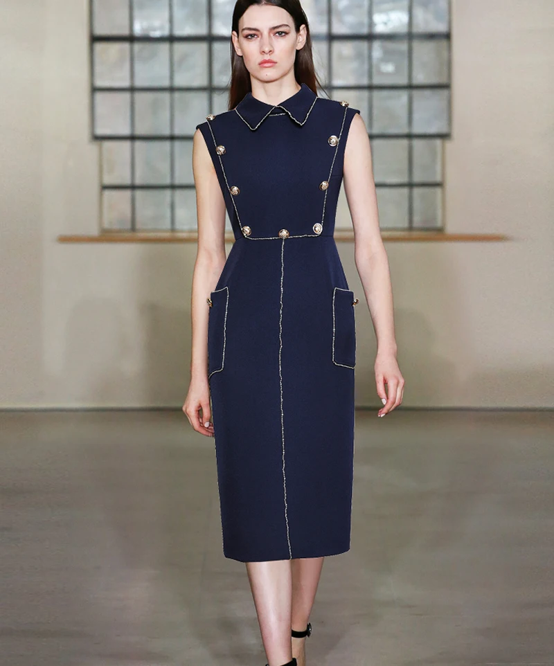 

New Beaded Women Dress Fashion Button Designer Sleeveless Turn-Down Collar Dresses