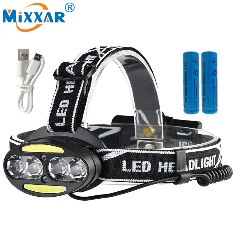 

Czk20 Super Bright 4*T6 10000LM LED Headlamp Headlight 2*COB Rechargeable Fish Head Lamp RED Light+2x18650 battery +USB charger