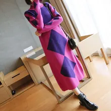 HEE grande 2018 Nova Outono Estilo Coréia Do Vestido Mulheres Vestidos Geométricos O-pescoço Fêmea Solta Patchwork Ocasional Vestido De Malha WZQ299