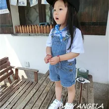 Джинсовые комбинезоны для маленьких мальчиков и девочек Новинка года, летние комбинезоны на завязке для девочек и мальчиков, рваные спортивный костюм с вырезом, Комбинезоны для детей, Ov002