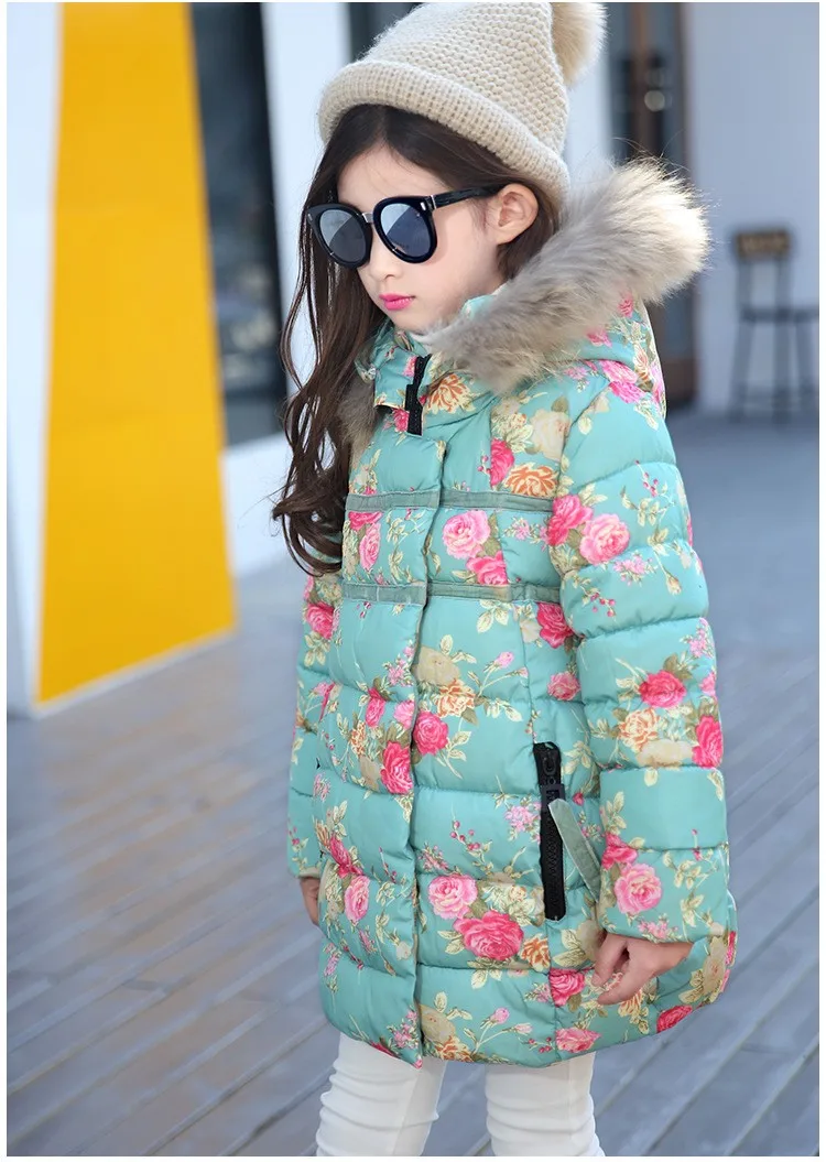 Зимнее пальто для девочек Новинка года, теплые куртки детская верхняя одежда с цветочным рисунком детская одежда парка с меховым воротником и капюшоном пальто с хлопковой подкладкой
