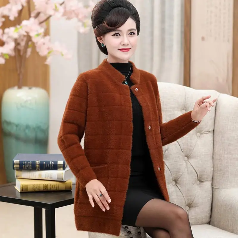 

2019 Autumn Winter Women Korean Elegant Cardigan Mid-Long Faux Mink Fur Sweater Middle-aged Mother Casual Knitted Outerwear X06