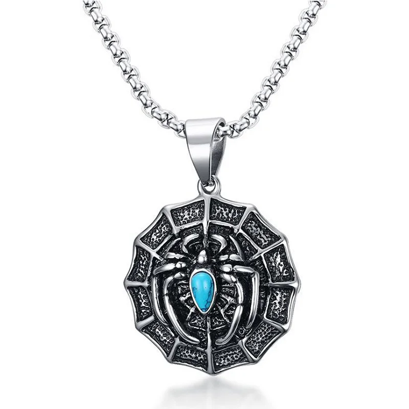 

Spider Cobweb Blue Stone Pendant Necklace for Men Women Stainless Steel 24" Chain Male Necklaces Daily Jewelry