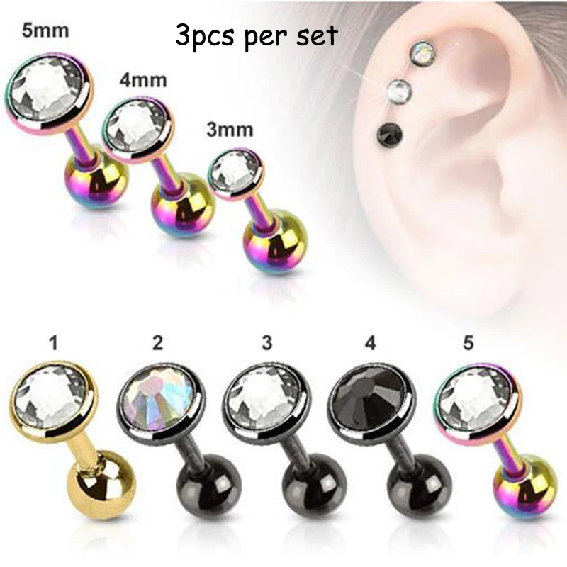 Showlove 3pcs Titanium Anodized Flat Gem Ear Helix Tragus Cartilage Bar