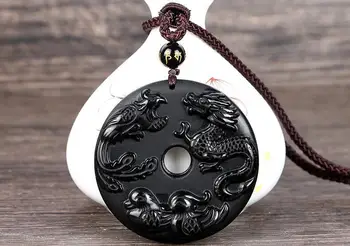 

Koraba Fine Jewelry Natural Black Obsidian Carved Dragon and Phoenix Mandarin Duck Blessing Pendant Free Shipping