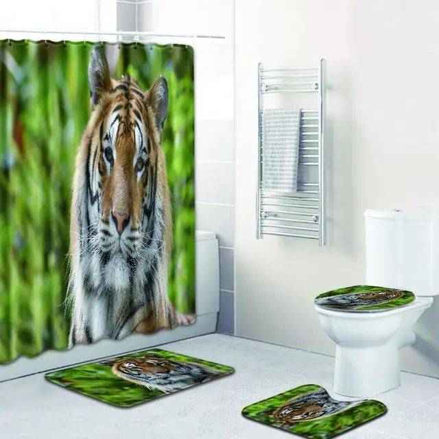 S 3D Tiger Print 4pcs Bathroom Mat Sets Shower Curtain for Chrismas