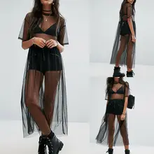 Mujeres Sexy negro transparente de malla de manga corta Vestido tipo pareo Sheer Maxi vestido de tul de encaje vestido largo