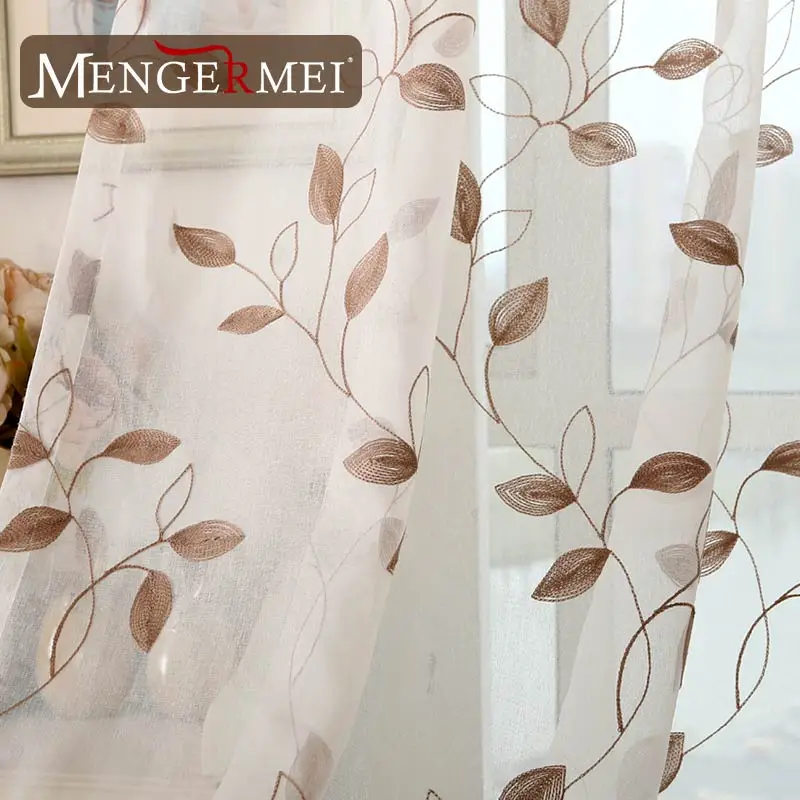 MENGERMEI Simple hojas cortina blanca bordada cortinas tul ventana tratamiento para dormitorio sala de estar XC19