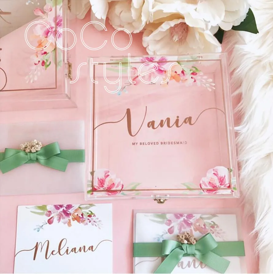 

Cocostyles personalized blank elegant gold foiling logo acrylic gift box with floral colorful printing for bride wedding gift