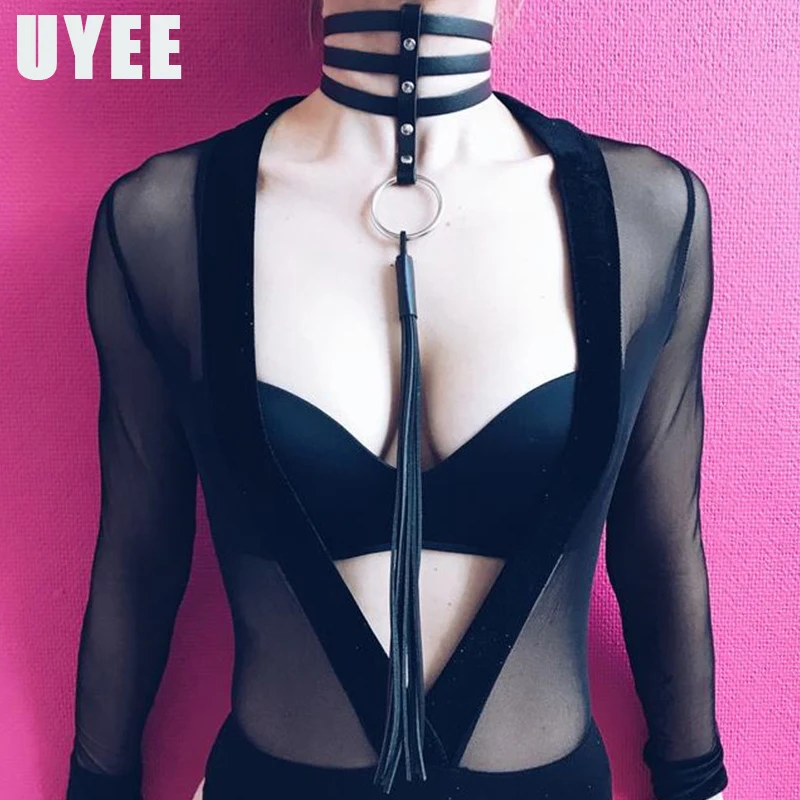 

UYEE Woman Sexy Body Harness Neck Collar Open Cage Bra Garter Adjustable Size PU Leather Harness Bondage lingerie Straps LN-076