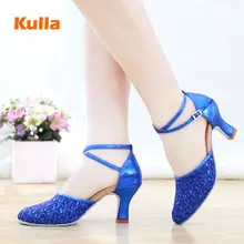 Женская обувь для латинских танцев, танго, сальсы на мягкой подошве, высокий каблук 5 см/7 см, женская обувь с закрытым носком, Современный Джаз, Бальные Танцевальные Туфли, синий и черный цвета