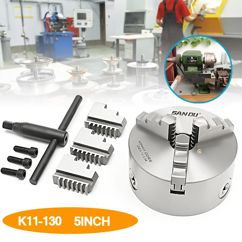 

SANOU K11-130 130mm 3 Jaw Self Centering Lathe Chuck with Key Hard Solid Hexagon wrench Mounting screws for CNC Drilling Milling
