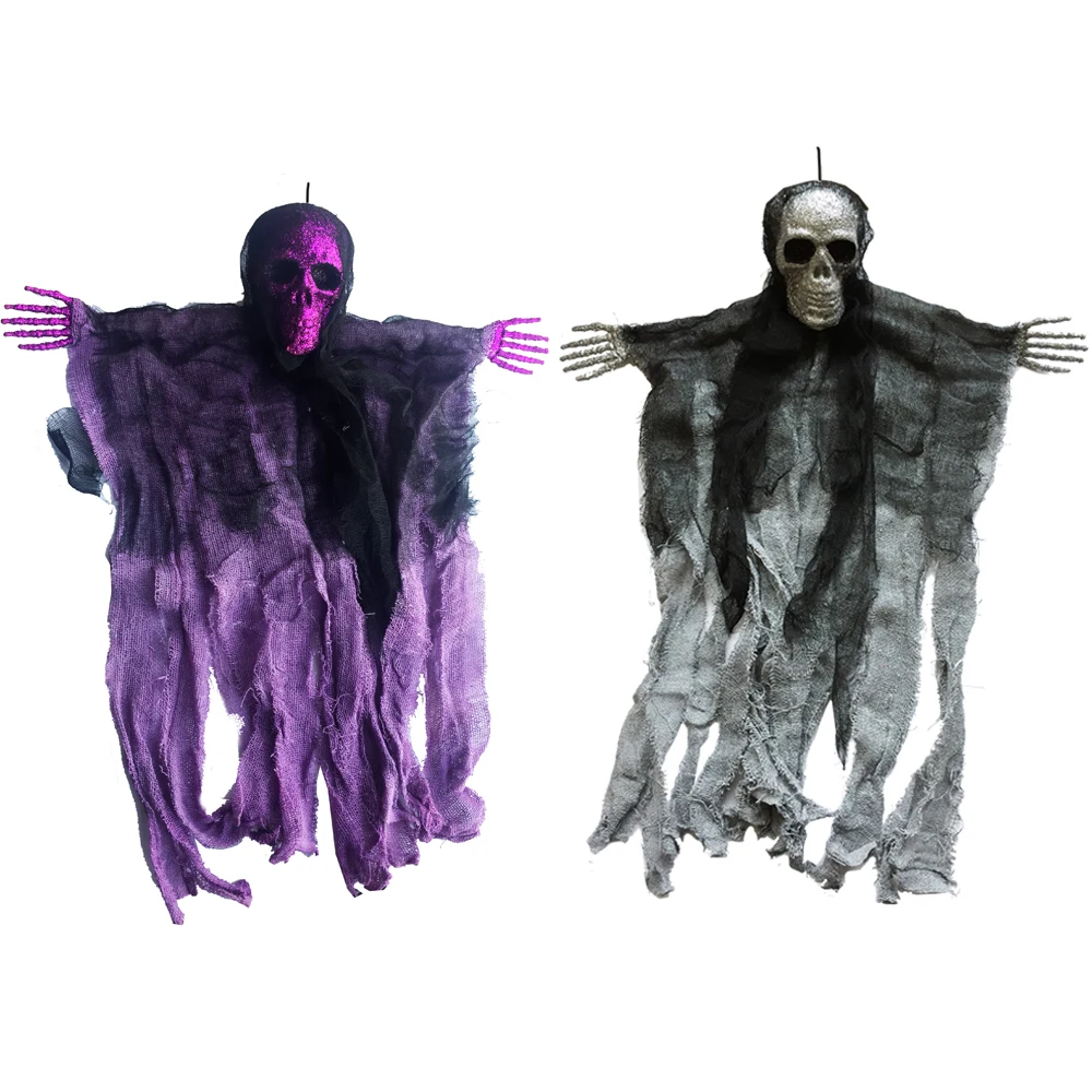 2 Pieces 20inch Halloween Glittered Big Skull Hanging Reaper for