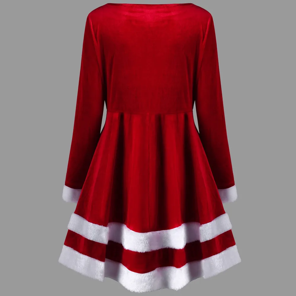 Осенне-зимнее рождественское платье, новогоднее женское повседневное рождественское бархатное красное праздничное платье с длинным рукавом и круглым вырезом