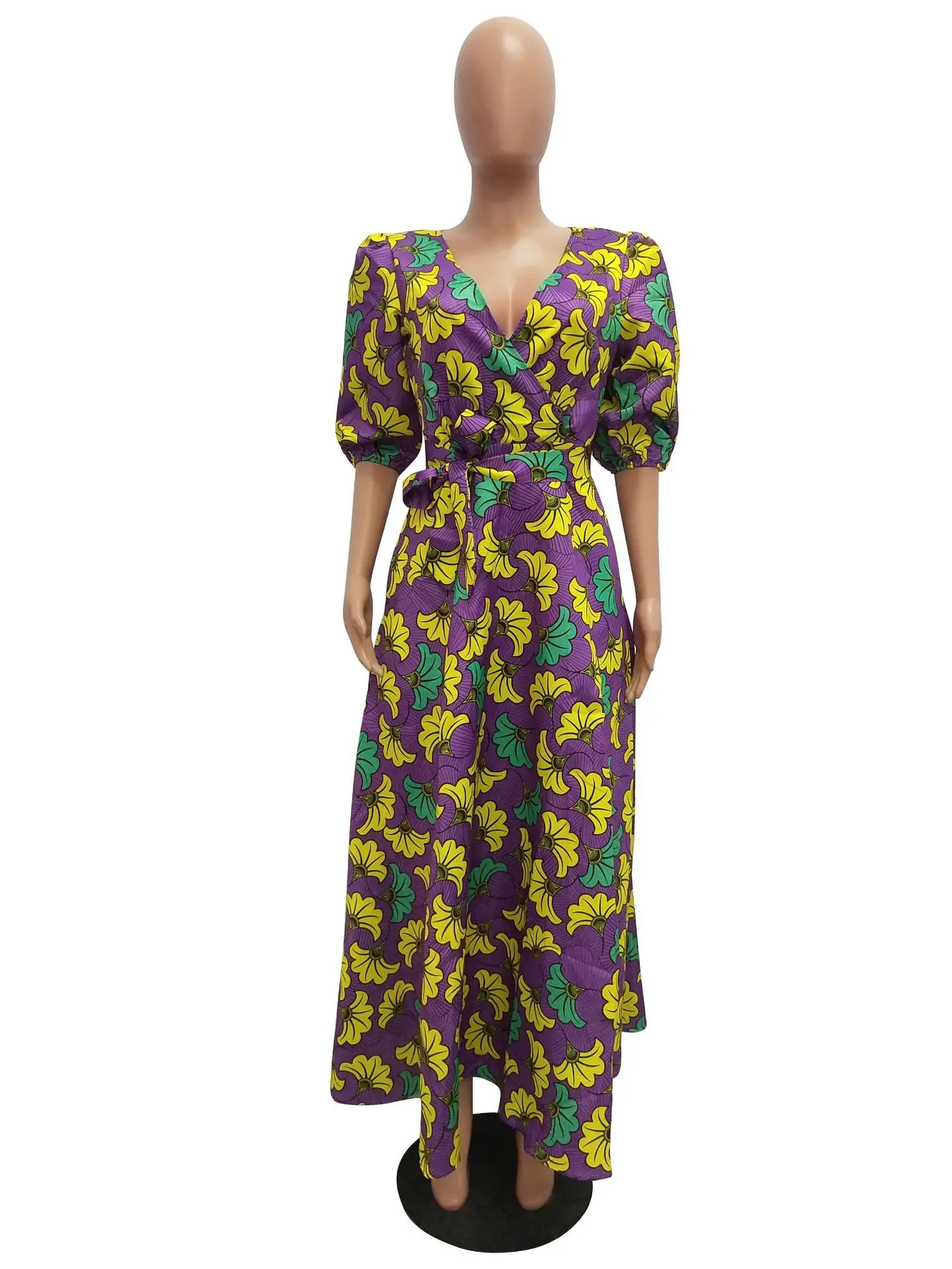 Africa Dashiki Long Dress for Women Floral Printing Indie Folk Dresses V-Neck Puff Half Sleeve A-Line Long Dresses With Sashes - Цвет: Purple