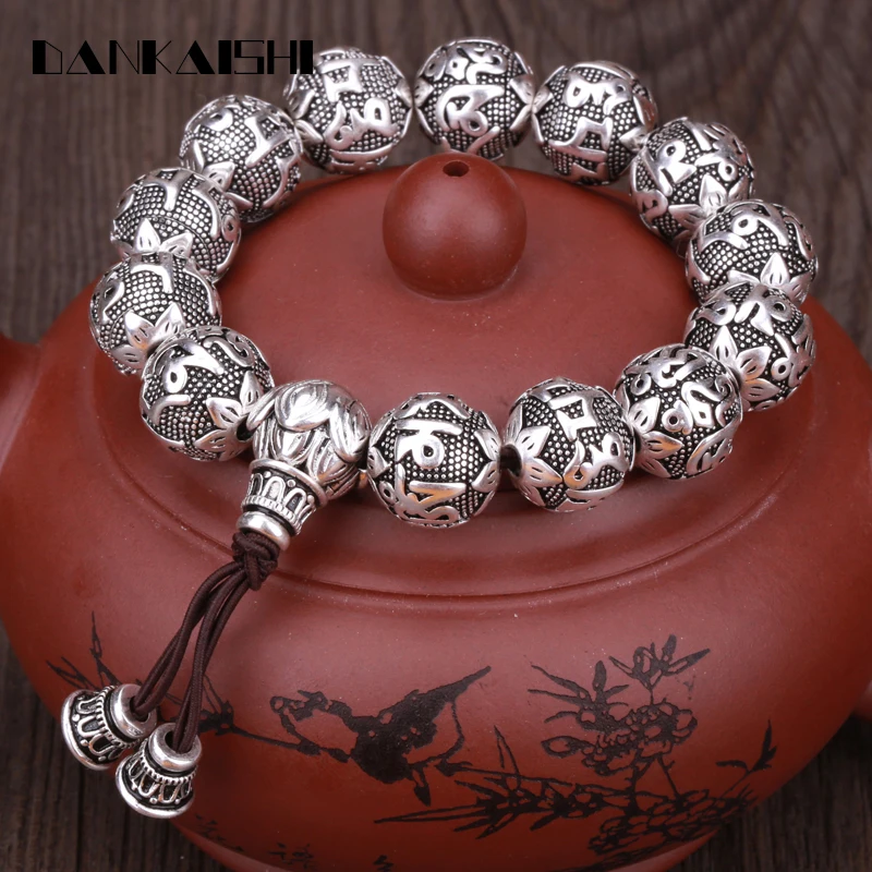 

Dankaishi Charm Fine Retro Tibetan Buddhism Plated Thai Silver Rope Bracelet Men Six Words Mantras Om Mani Padme Hum Lotus Beads