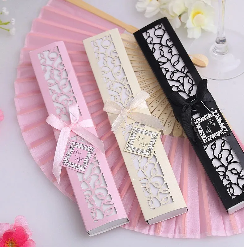 30 pcs/lot Personalized Luxurious Silk Fold hand Fan in Elegant Laser-Cut Gift Box+Party Favors/wedding Gifts+printing - Цвет: Многоцветный