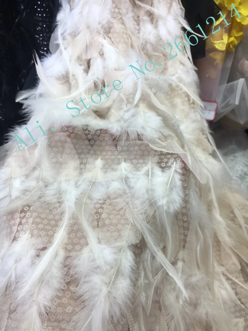 

luxury African French Lace Fabric with feather High Quality embroidered lace fabric with beads