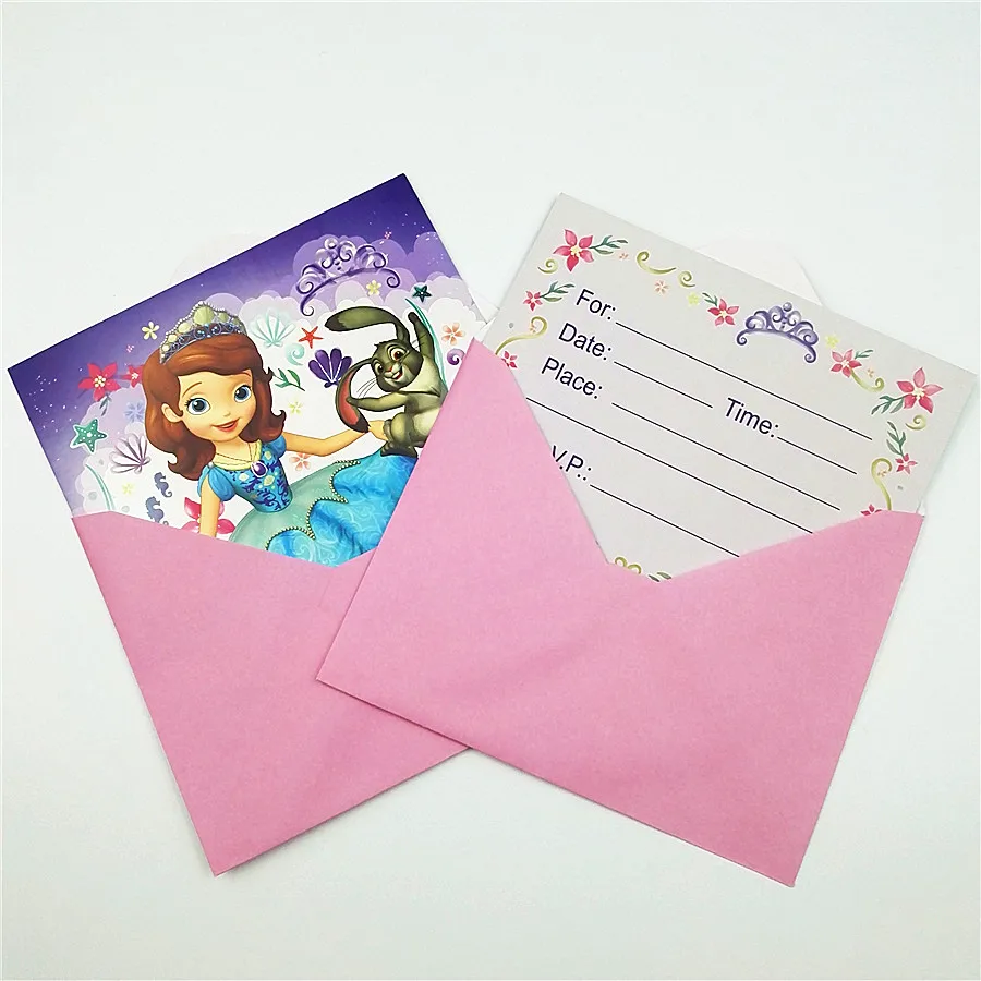 

6pc/set Sofia Princess Invitation Card Envelope Cartoon Theme Party For Kid Birthday Decoration Theme Party Supplies Festival