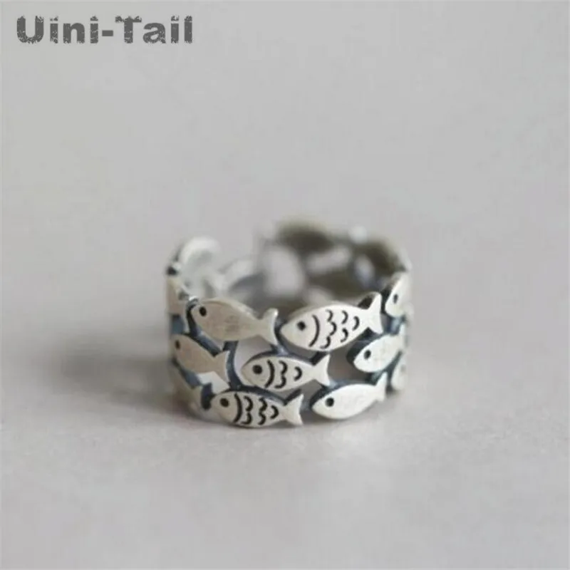 Uini-хвост Горячее предложение 925 стерлингового серебра Ретро группа с принтом «маленькие рыбки», Открытое кольцо, женские модели тайский серебряный с широким лицом кольцо GN398