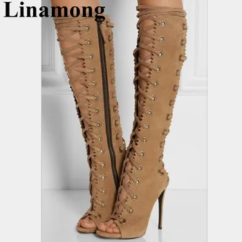 

Summer Brown High Heel And Side Zipper Romen Style Cross-tied Peep Toe Shoes Fashion Knee-High Women Boots High Quality