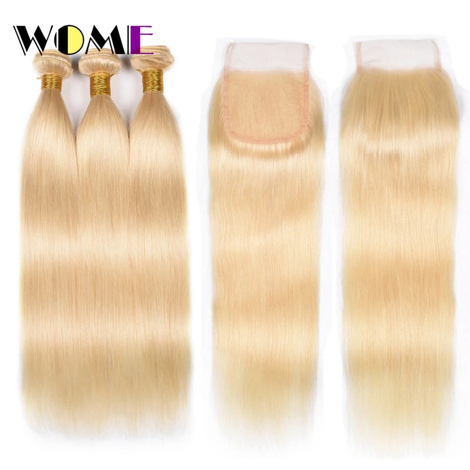 Wome Pre colored 613 Bundles With Closure Burmese Blonde Straight Hair
