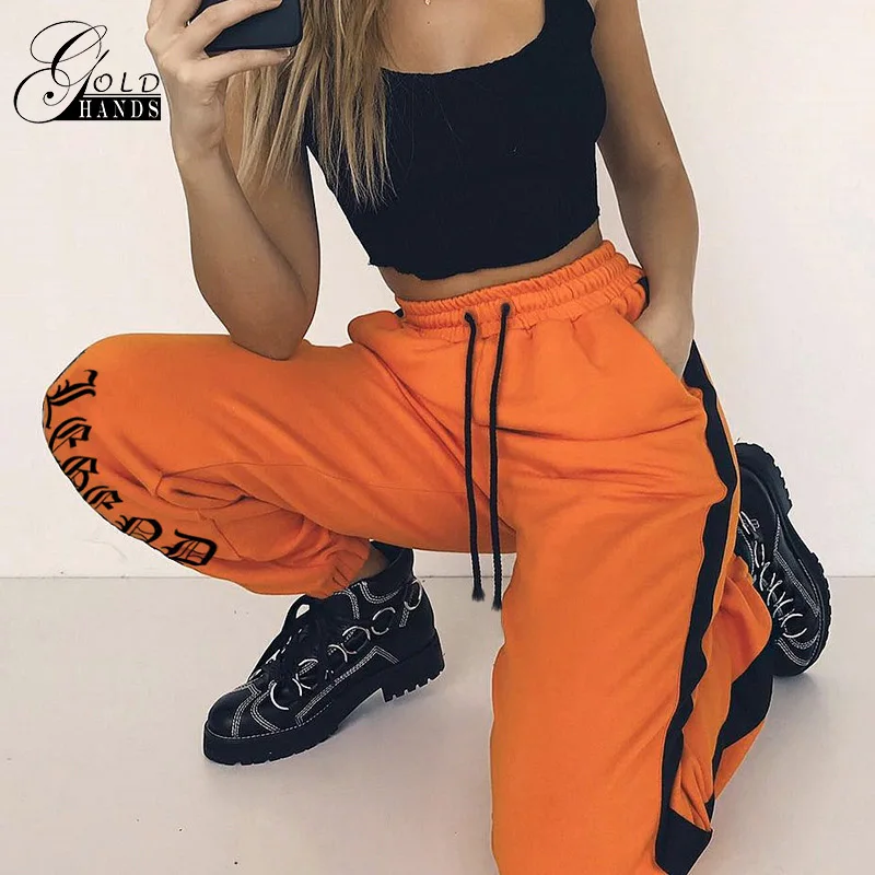 Женские свободные спортивные брюки Харадзюку брюки осенние женские оранжевые с буквенным принтом джоггеры брюки хип-хоп танцевальные брюки плюс размер