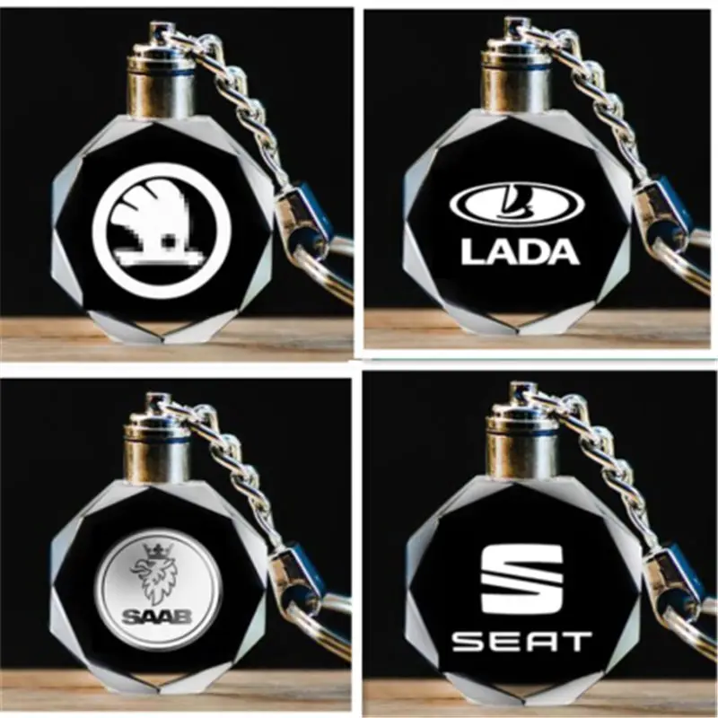 

Custom Car Logo Crystal Crafts With Changing Colorful LED Light Laser Engraved DIY Car Key Chain Boys Gift Drop Shipping