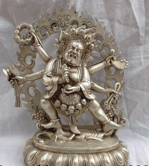 

11" Tibet Silver Buddhism Set 6 Arms Mahakala Buddha Bronze Statue Sculpture (B0328)