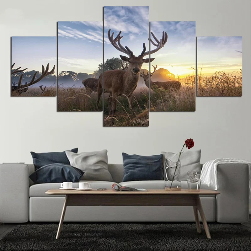 

Canvas Paintings Wall Art Home Decor 5 Pieces Animals Deers View Elk Landscape Pictures HD Prints Poster Living Room Framework