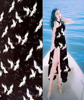 

Telas Women Dress Super High-end Digital Red-crowned crane Painting Heavy Satin 100% Natural Silk Fabric cheap Woven tissu