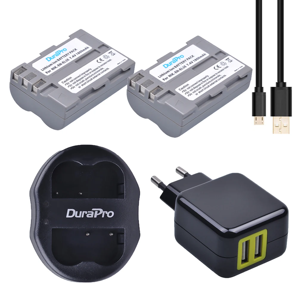 Аккумулятор DuraPro EN EL3E en el3e 2 шт. + двойное зарядное устройство USB адаптер