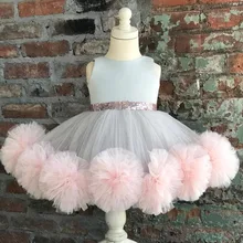 Розовое и серое Пышное мягкое фатиновое платье с оборками и цветочным узором для девочек детское короткое Пышное Платье для дня рождения с головной убор