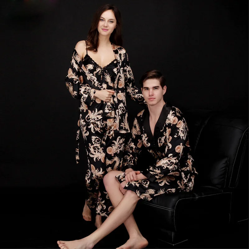 

Hot Sale Lover Pajamas Sets Women Cardigan+Spaghetti Strap +Pants Man Robe Luxury Printed Nightwear Faux Silk Homewear Spring