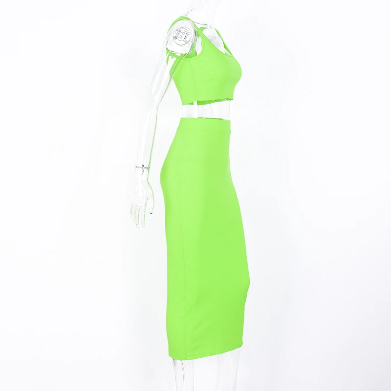 Hugcitar  spaghetti straps crop tops skirt 2 pieces sets 2019 summer women neon green solid party streetwear female slim elegant