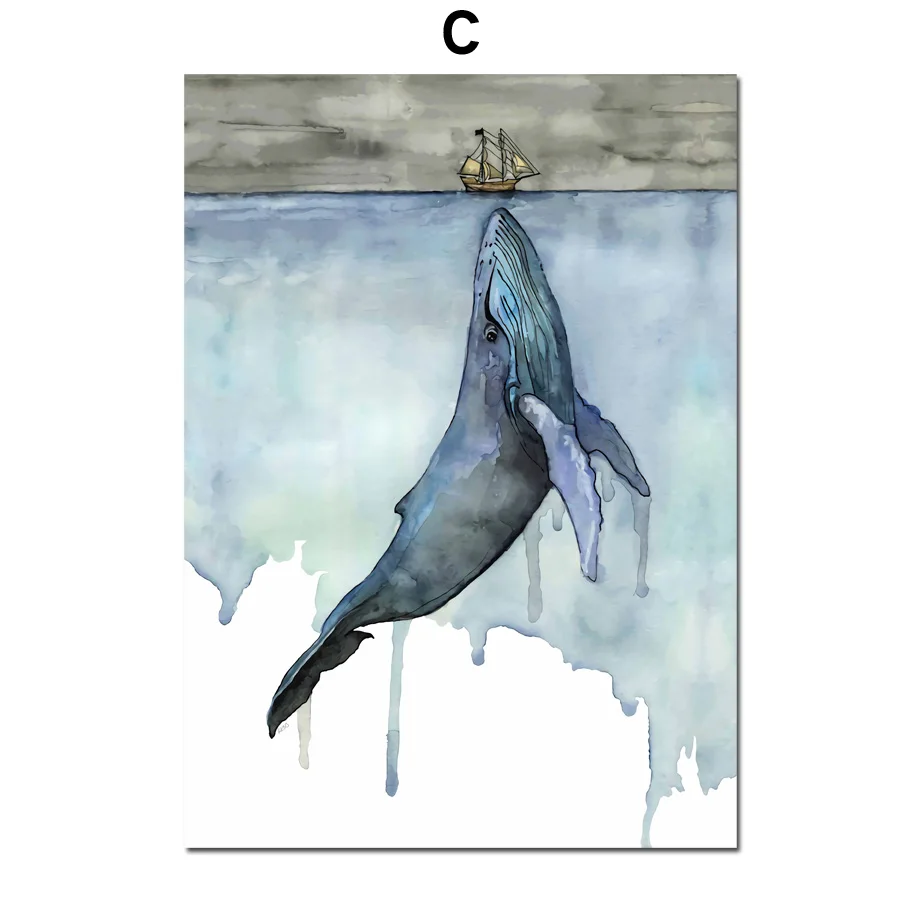 Мультфильм акварель синий кит Акула Лодка на стену искусство холст живопись скандинавские плакаты и принты настенные картины для декора гостиной - Цвет: C