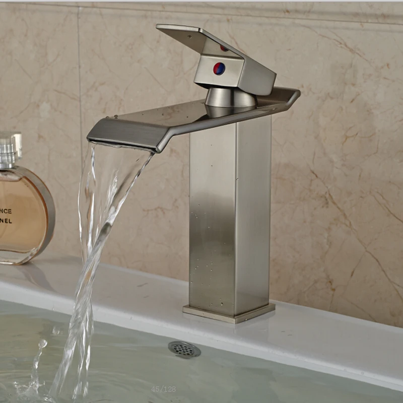 

Nickel Brushed Square Waterfall Basin Faucet Bathroom One Hole Vessel Mixer Single Handle
