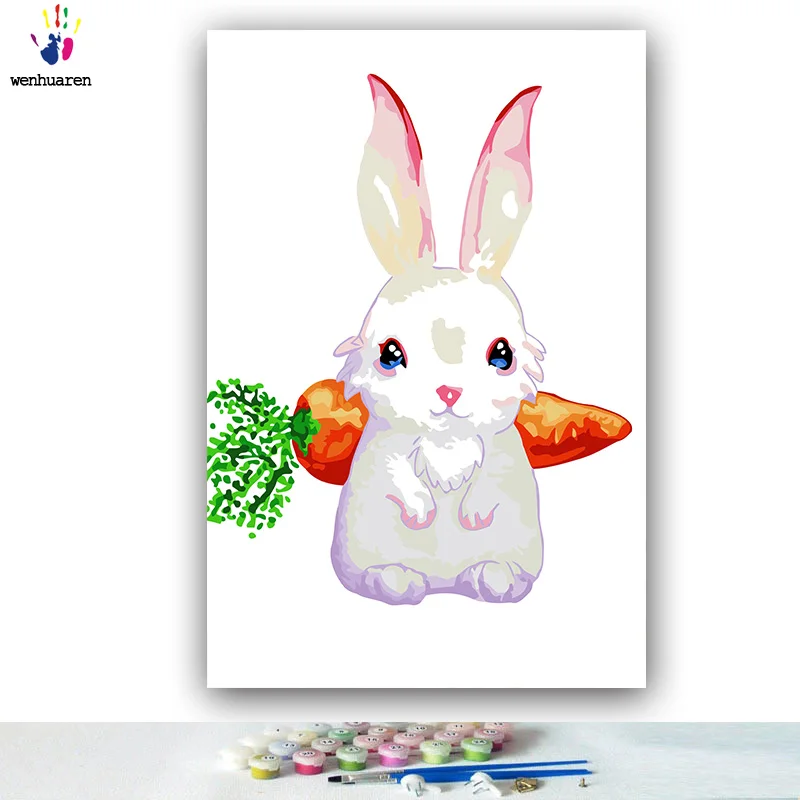 DIY картинки для раскраски по номерам с цветами маленький белый кролик морковь картина Рисование по номерам в рамке дома