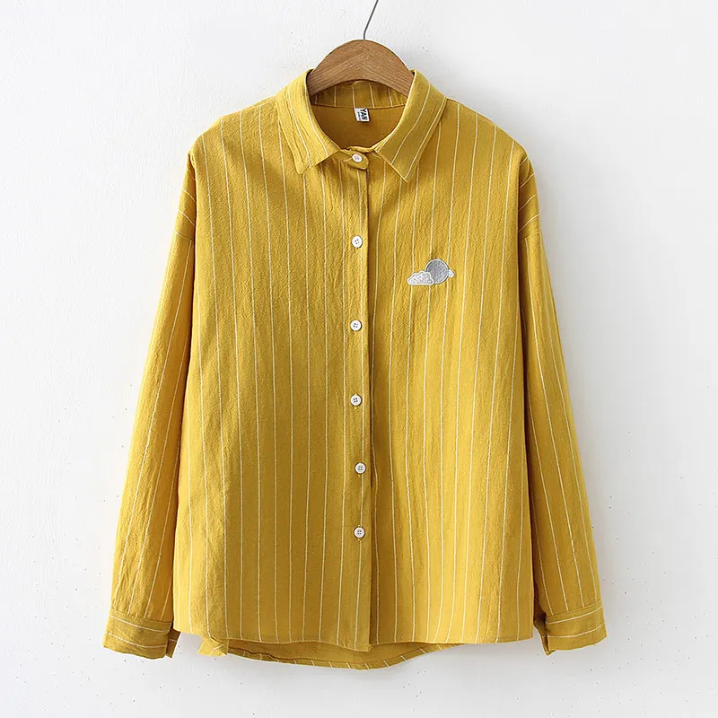 Striped Weather Embroidery Cute Women Blouse Long Sleeve Turn Collar Students College Shirts 2019 Summer Loose Casual Tops Woman