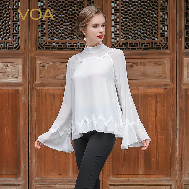 VOA White Silk Blouse Plus Size Casual Women Tops Flare Long Sleeve