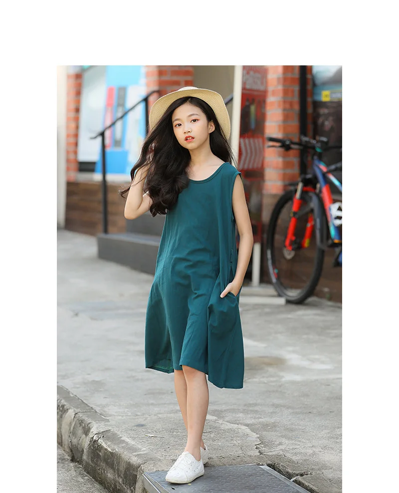 Teenage Child Girl Dress Princess Cotton Linen Summer 2019 Kids Dresses For Girls 15 17 13 11 9 7 5 Years Old Green Yellow  5 6 7 8 9 10 11 12 15 16 17 years little teen girls   korean dress for girls 6 to 7 years girls casual clothes (15).jpg
