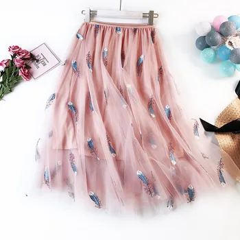 

4 Colors Available 2020 New Arrival Hong Kong Style Fluffy Black Skirt Feather Embroidered Fairy Tulle Skirt Women Free Shipping