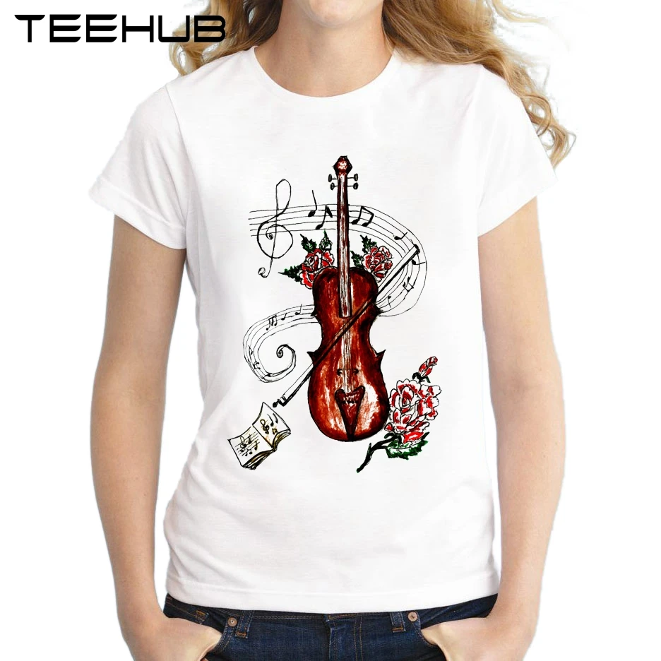 

2018 Fashion Brown violin with music notes Women T-Shirt Short Sleeve Lady Summer Tops Novelty Printed T Shirt Tee Shirts