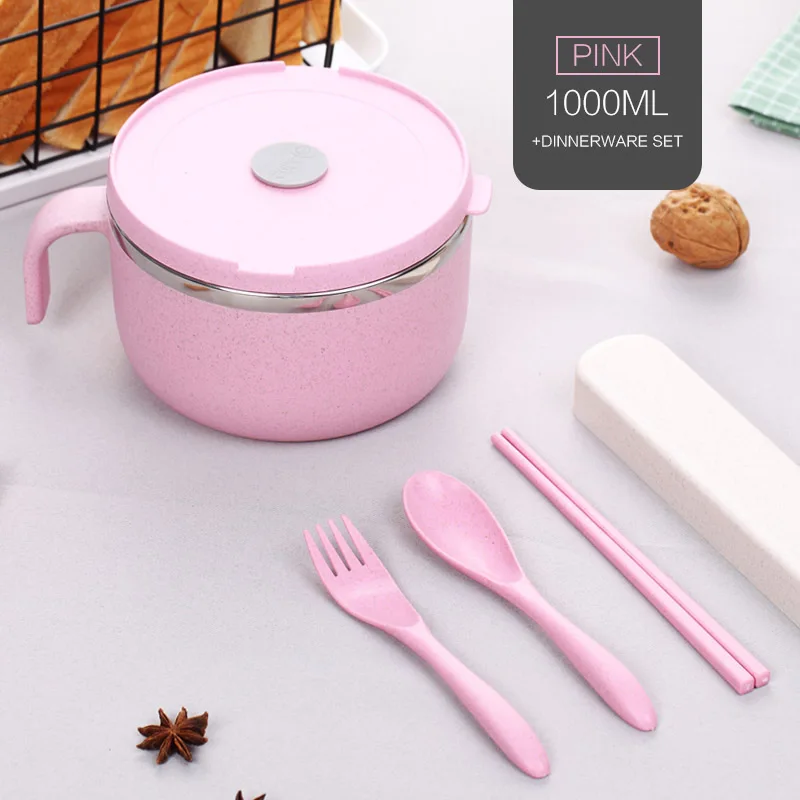 Pink WORTHBUY, чаша для лапши быстрого приготовления из пшеничной соломы для детей, 304, нержавеющая сталь, чаша Ramen с крышкой, кухонная герметичная миска для салата - Цвет: Pink