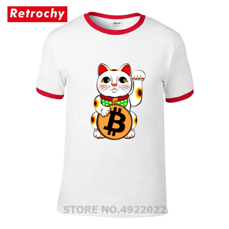 

2019 Fashion Bitcoin Tshirt Graphic Cute Lucky Cat Maneki Neko T Shirts Animal Bring Wealth Fortunes Men's Hipster Kitty T-Shirt
