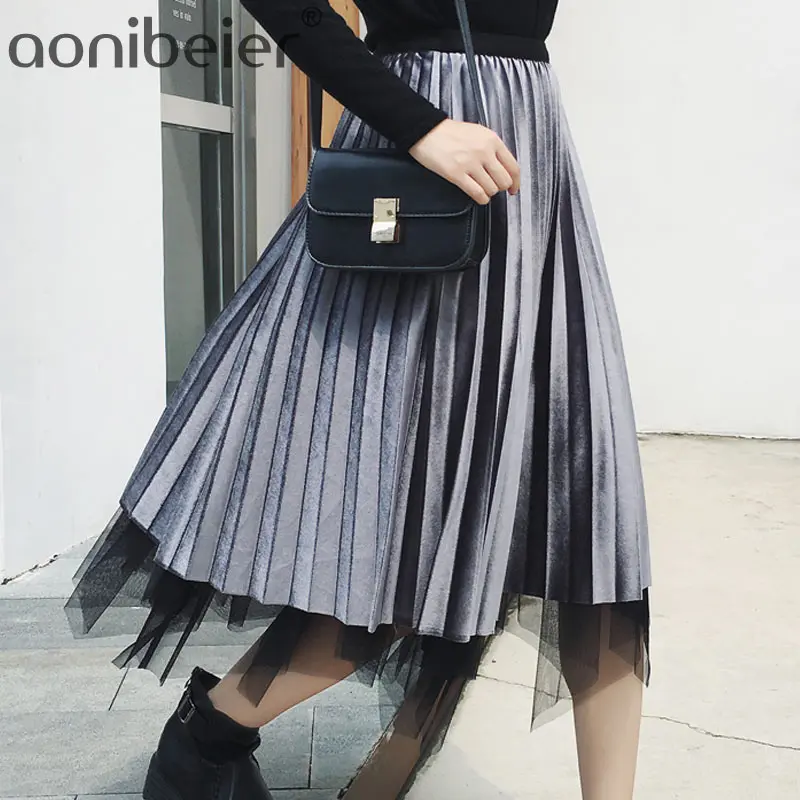 

Aonibeier Tulle Skirts Womens Black Grey Long Skirt Elastic High Waist Pleated Skirt Irregular Mesh Skirt Reversible Midi Skirt
