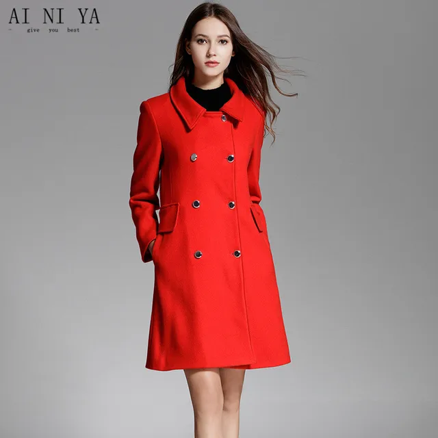 2018 New Red Women Autumn Winter Coat Double Breasted Women Long Wool ...