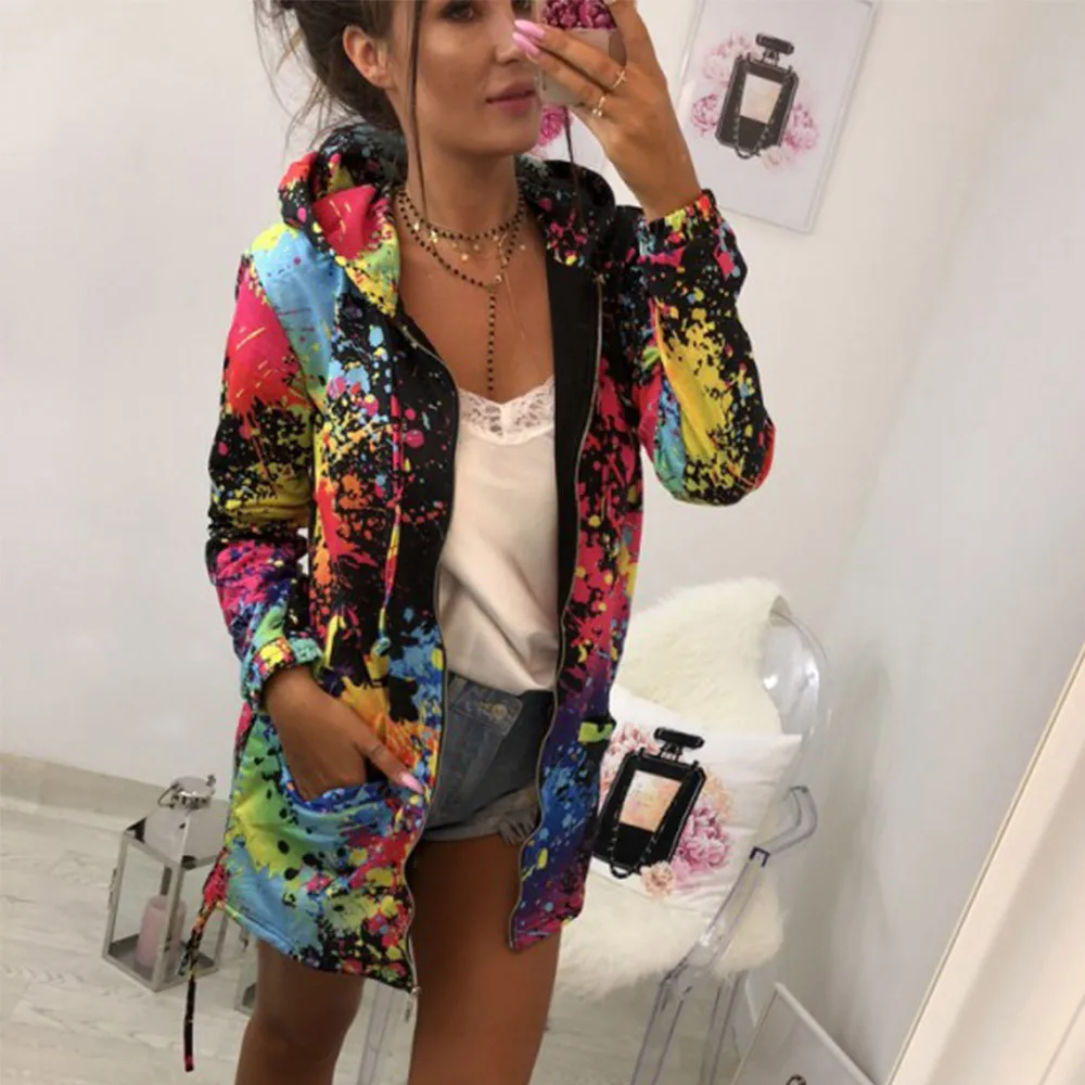 Autumn Jackets Fashion Womens Tie dyeing Print Coat Outwear Sweatshirt Hooded Jacket Feminino Casual Pockets Overcoat Cloth 1030