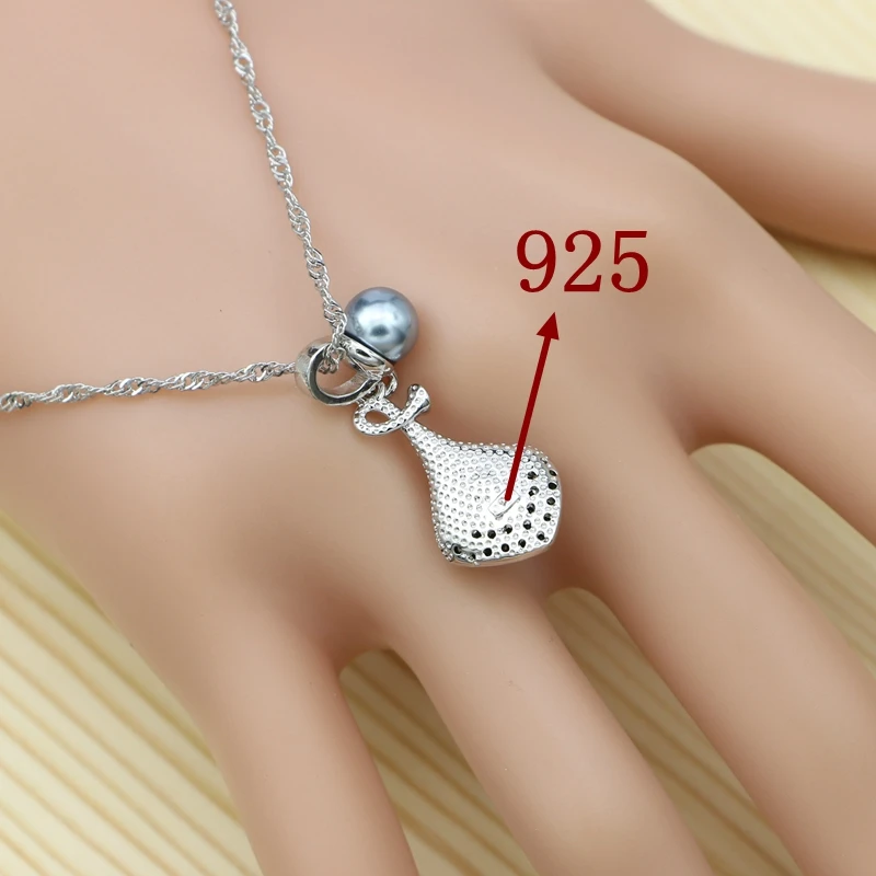 Gray Pearl 925 Silver Jewelry Sets Black Cubic Zirconia For Women Party Horn Shape Drop Earrings Open Ring Pendant Necklace Set (5)